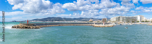 Expansive View of Palma de Mallorca Bay with Maritime Activity and Urban Skyline