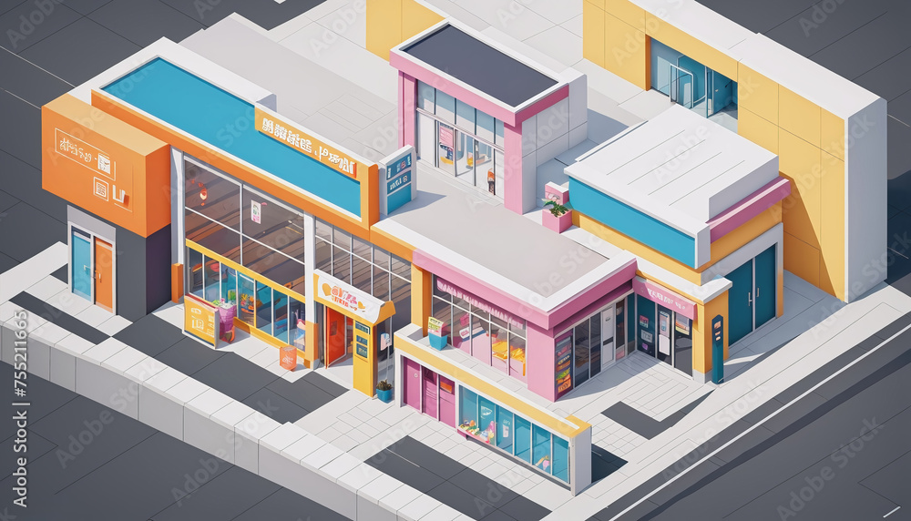 Isometric view of a store and salesroom in an urban environment in an illustrative style Isometric view of a store and salesroom in an urban environment in an illustrative style