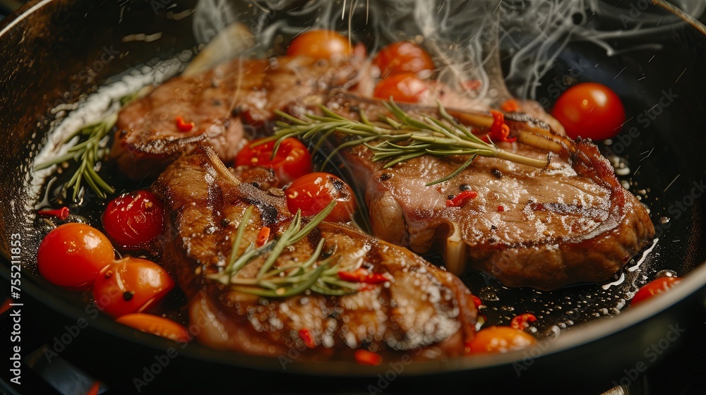Dinner meat steak dish bbq fried with vegetables. Background concept