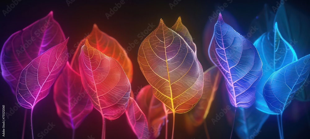 Set of glowing leaves on a dark background in the form of neon lights. Neon background Set of glowing leaves on a dark background in the form of neon lights. Neon background
