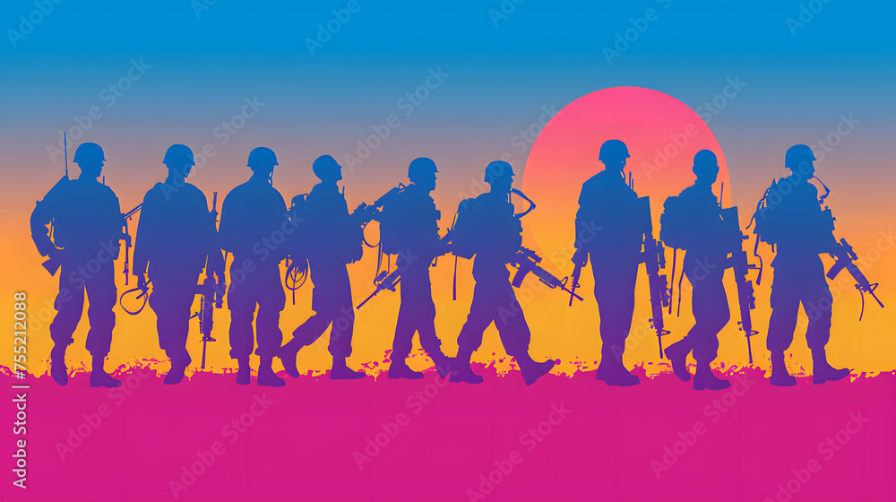 Silhouettes of Soldiers at Sunset: A Symbolic Image of Defense and Vigilance