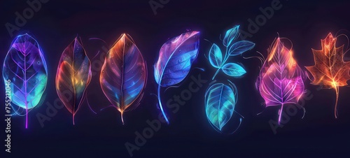 Set of glowing leaves on a dark background in the form of neon lights. Neon background