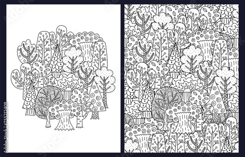 Doodle trees coloring pages set. Black and white templates with whimsical trees. Outline background. Vector illustration