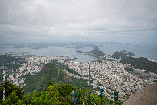 View of Rio de Janerio from the Christ the Redeemer statue in Tijuica national park cloudy day skyline