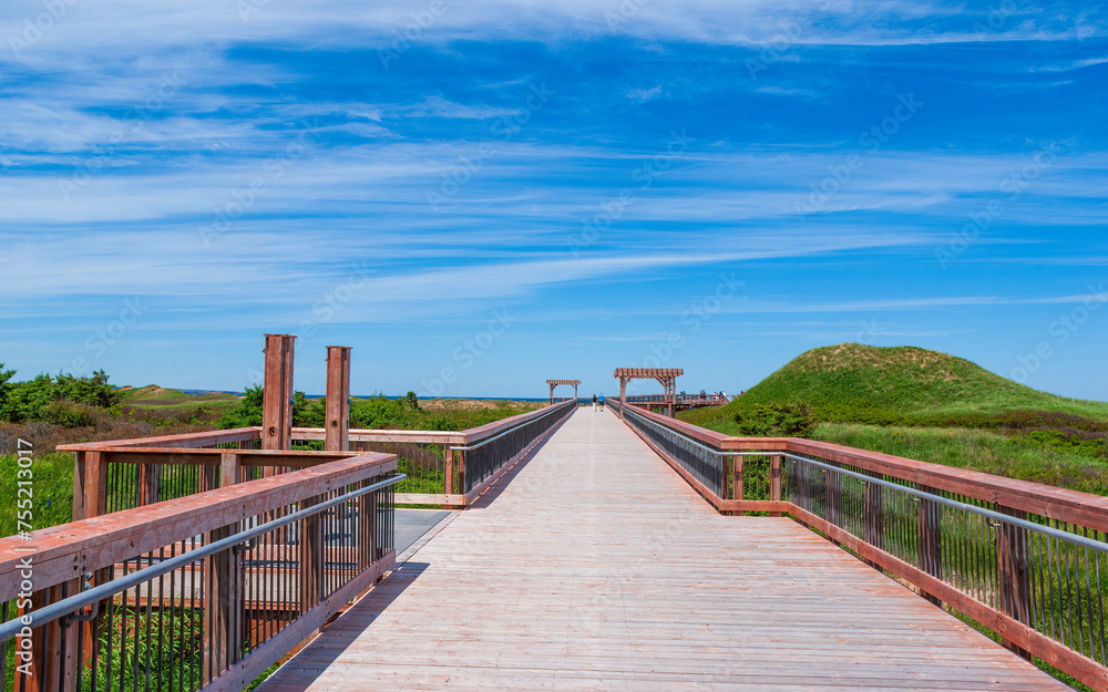 Cavendish Beach. A wheelchair accessible boardwalk to the beach, built to protect fragile sand dunes. Prince Edward Island National Park, Canada.