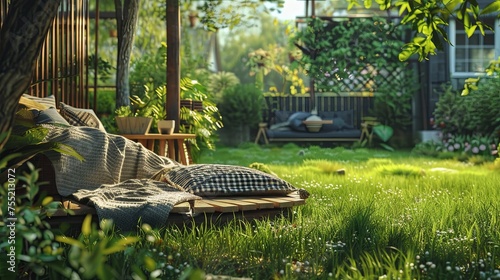 House summer terrace with cozy sofa and green grass. Background concept © PrettyVectors