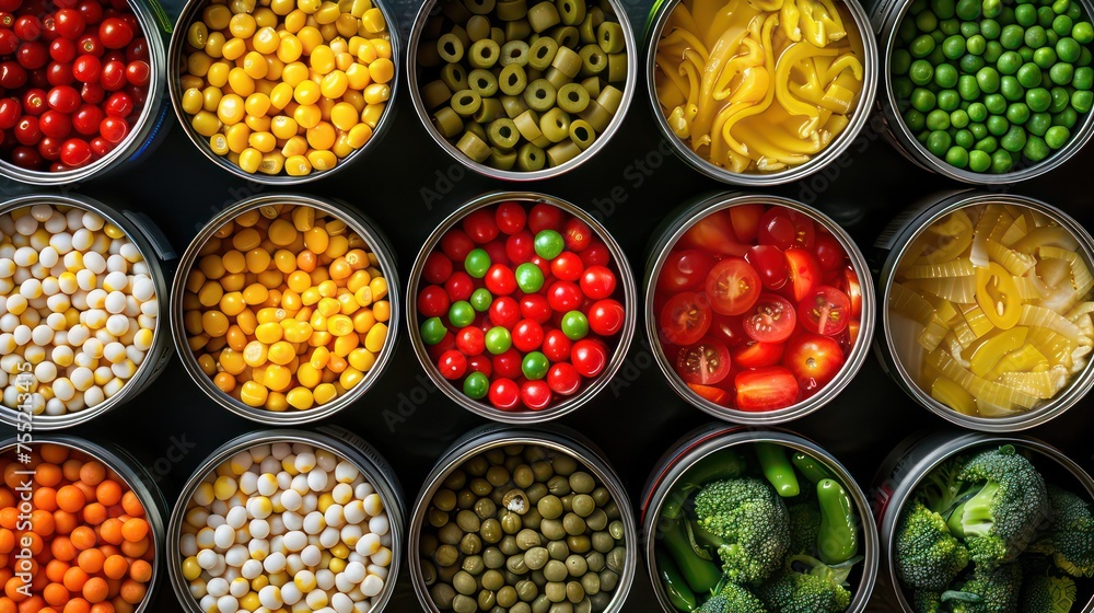 Top view of multiple cans of various vegetables in cans Top view of multiple cans of various vegetables in cans