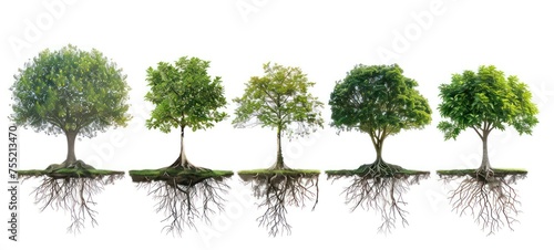 Trees with roots set isolated on white background