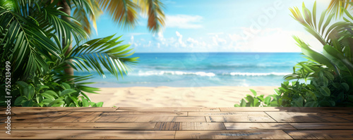 empty wooden desk and blurred tropical beach