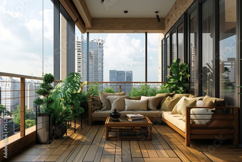 A cozy balcony with a wooden couch  coffee table  and potted plants  perfect for enjoying the view of the sky and grass in front of the building