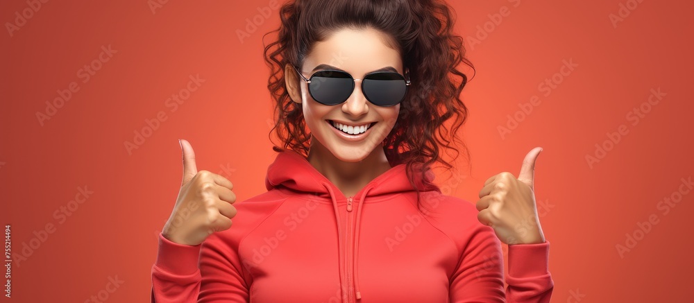 A sporty woman wearing a red jacket and sunglasses, smiling and giving a thumbs up gesture in approval.