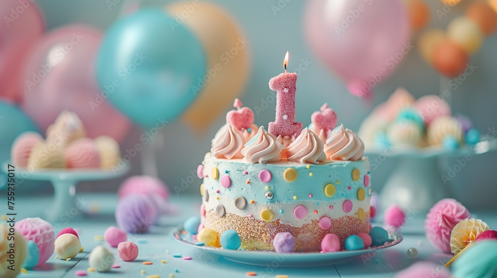 cake decorated, topper number one for baby birthday on a light background cake decorated, topper number one for baby birthday on a light background