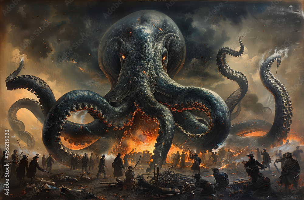 Fantasy illustration vintage style: kraken legendary sea monster similar to an octopus of enormous size here terrorizing people on the coast