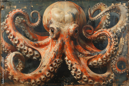 Fantasy illustration of the kraken legendary sea monster similar to an octopus of enormous size, vintage style