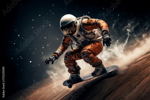 Unique Skateboarder in astronaut suit riding. Sport dude skateboarding on bright neon colorful background. Generate ai