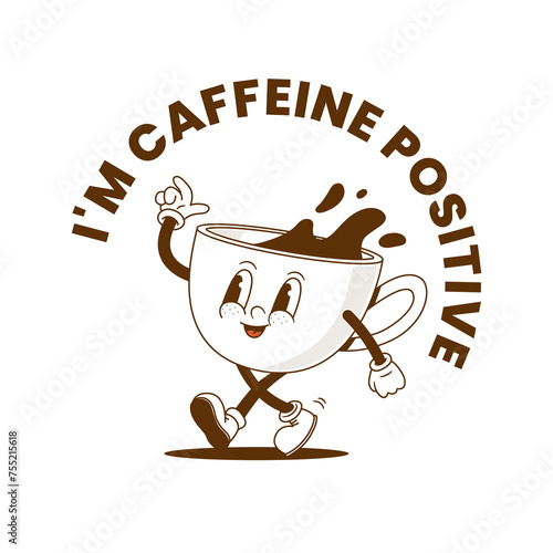 Retro cartoon coffee cup character vector illustration. Vintage espresso mascot. Funny cappuccino drink