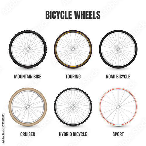 Realistic 3d retro bicycle wheels. Vintage bike rubber tyres, shiny metal spokes and rims. Fitness cycle, touring, sport, road and mountain bike. Vector illustration