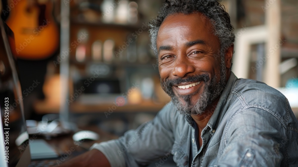 Portrait of a smiling mature middle age black entrepreneur businessman working on a computer at a desk in a casual, happy, positive office workplace Portrait of a smiling mature middle age black entrepreneur businessman working on a computer at a desk in a casual, happy, positive office workplace