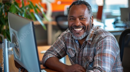 A smiling mature mid-age African American small business owner working on a computer at a desk in a positive and happy office workplace