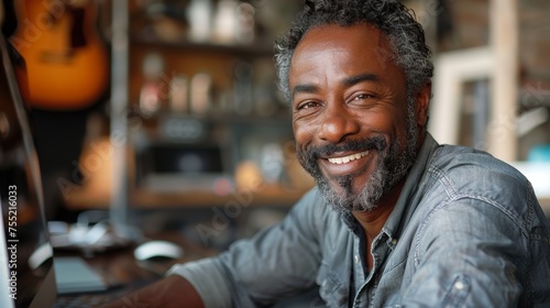 Portrait of a smiling mature middle age black entrepreneur businessman working on a computer at a desk in a casual, happy, positive office workplace