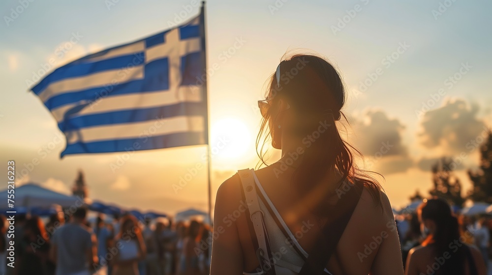 the greek flag at the Greek Independence Day Parade - obrazy, fototapety, plakaty 