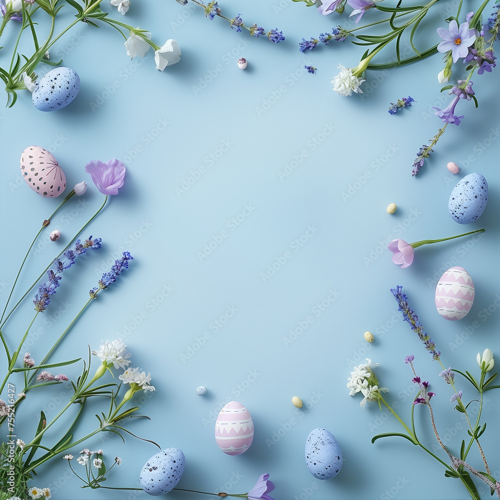 Happy Easter. Blue Blossom and Spotted Eggs, Easter Egg Flat Lay