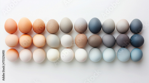 Happy Easter. An elegant array of natural eggs on white background