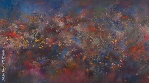 Abstract painting with a vibrant mix of blue red and yellow hues resembling a cosmic nebula or wildflower meadow