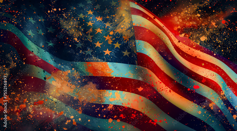 Fototapeta premium Background for a Glittering Dreamscape The American Flag in a Cosmic Celebration before Election Day Digital Art Illustration