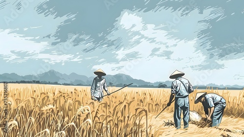 Asian farmers working on Field. Farmer harvesting vector. Hand drawn illustration.