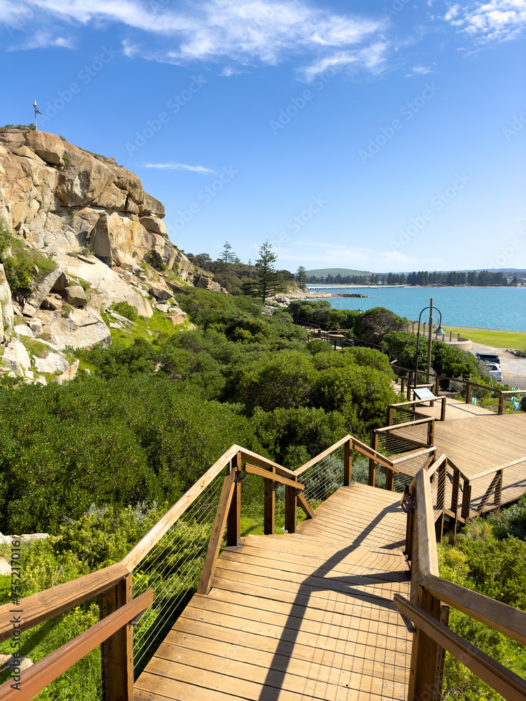 Landscape views of the steps on Granite Island in Victor Harbor on the Fleurieu Peninsula, South Australia
