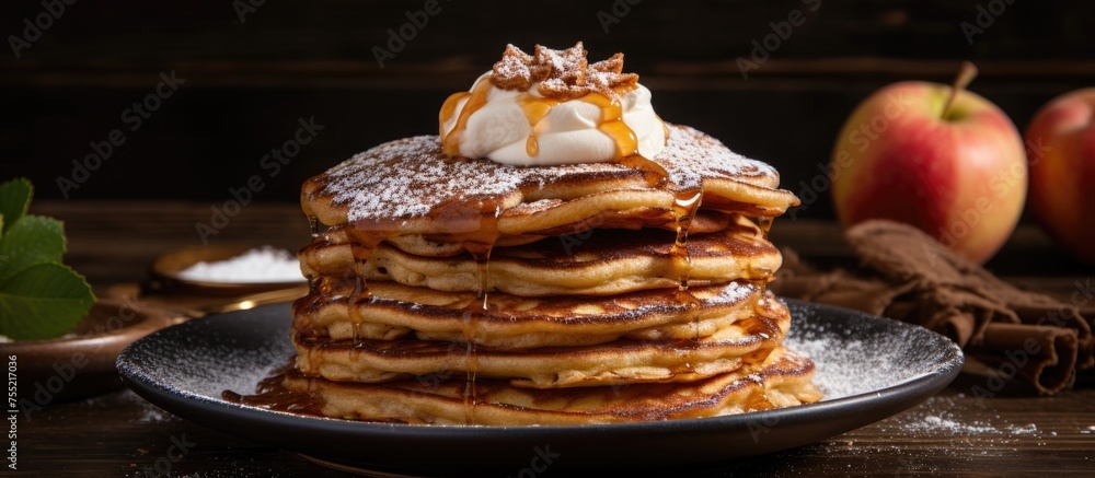 A decadent stack cake made of fluffy pancakes topped with whipped cream and drizzled with caramel sauce, served on a plate A decadent stack cake made of fluffy pancakes topped with whipped cream and drizzled with caramel sauce, served on a plate