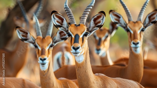Close up image of a group of impala antelopes in the african savanna during a safari photo