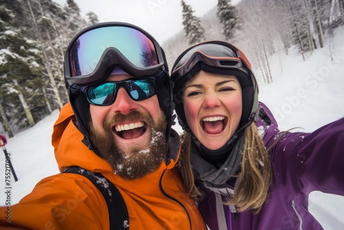 Adventurous Skiing friends selfie. Snow group. Generate Ai photo