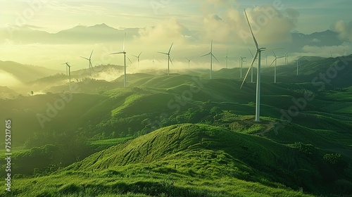 Wind Turbines Against the Morning Sky on lush hillside, technology with nature, wind's energy, potential of renewable resources to power our world, green energy, eco-friendly, environmental campaigns 