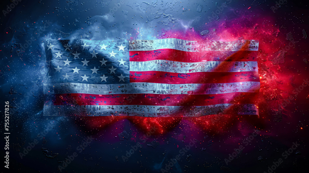 Naklejka premium Background for a Glittering Dreamscape The American Flag in a Cosmic Celebration before Election Day Digital Art Illustration