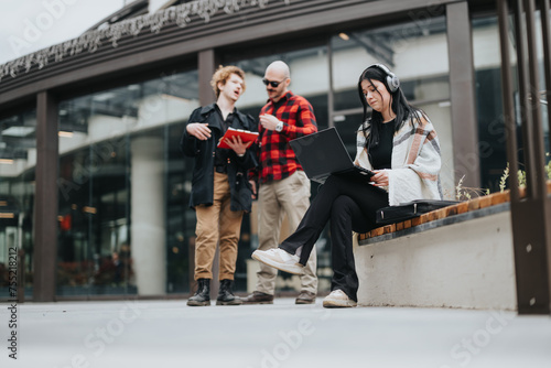 Focused entrepreneur working on a laptop outdoors as business partners discuss in the background.