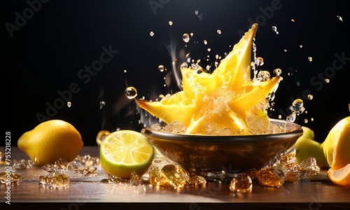 Dessert of ice cream with star shaped carambola garnish is made of crushed almonds, orange slices. For summer dessert, unique culinary presentation, digital restaurant menus, food delivery apps.