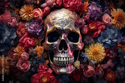 Vibrant Skull flowers. Human death face. Generate Ai