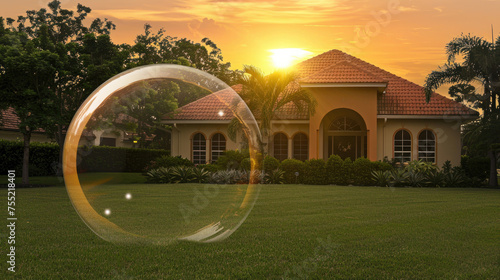 A large transparent bubble foregrounds a serene scene of a house with a redtiled roof at sunset surrounded by lush greenery photo