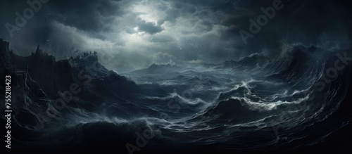 A stunning natural landscape painting depicting a stormy ocean with mountains in the background under a cloudy sky at dusk, capturing the powerful atmosphere with wind and cumulus clouds