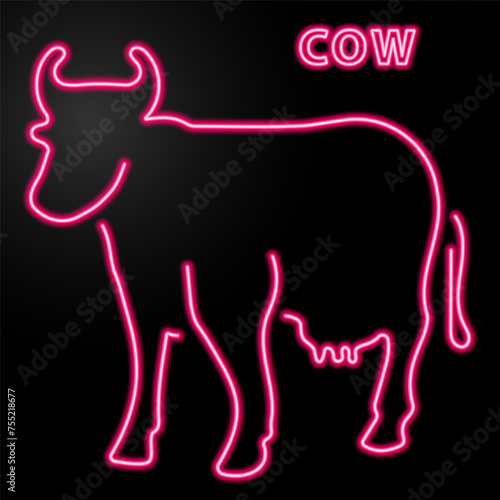 cow neon sign, modern glowing banner design, colorful modern design trend on black background. Vector illustration.