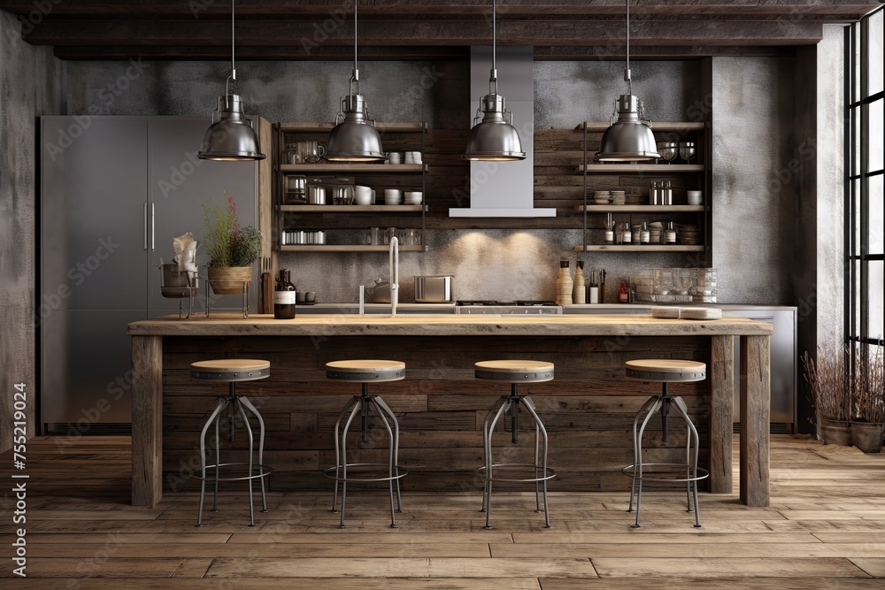 Rustic Charm: Industrial Chic Kitchen with Reclaimed Wood, Stainless Steel Appliances, and Metal Bar Stools