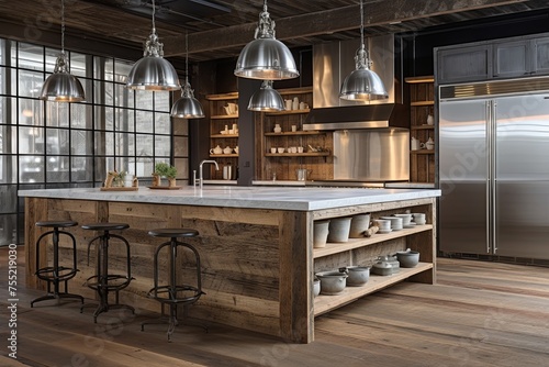 Reclaimed Wood Island   Industrial Lights  Chic Stainless Steel Kitchen Concept