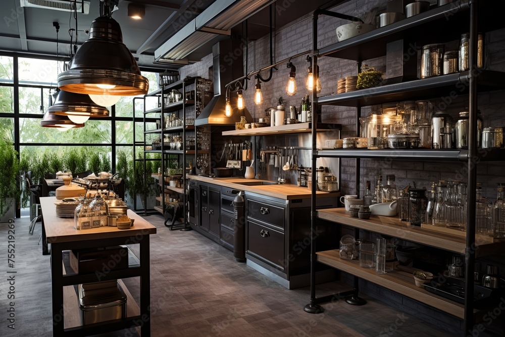 Metallic Brilliance: Industrial-Chic Kitchen Design with Metal Shelving and Industrial-Style Lighting