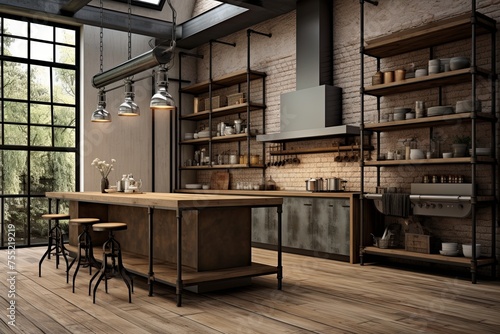 Rustic Wood Cabinets & Industrial-Chic Kitchen Concepts: Metal Shelving & Stylish Lighting