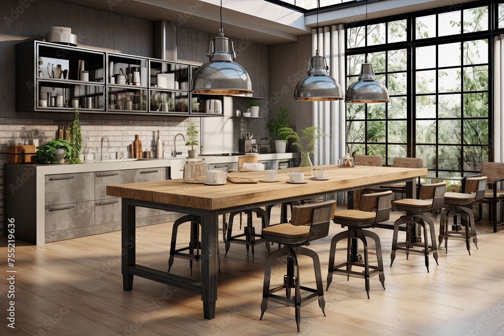 Metal Bar Stools and Industrial Pendant Lights: Industrial-Chic Kitchen with Wood Dining Table