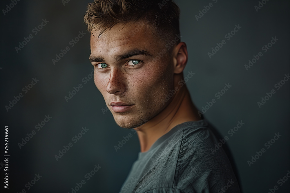 Intense Gaze of a Young Man, Dramatic Portrait Against Dark Backdrop