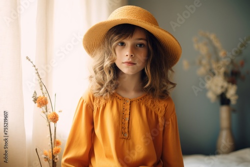 Portrait of a cute little girl in a straw hat and yellow dress.