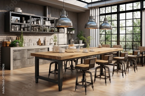 Metal Bar Stools and Industrial Pendant Lights: Industrial-Chic Kitchen with Wood Dining Table